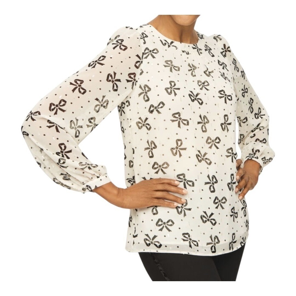 Talbots‎ Bow Print Blouse Women Medium Ivory Black Shimmer Tie Back Long Sleeve